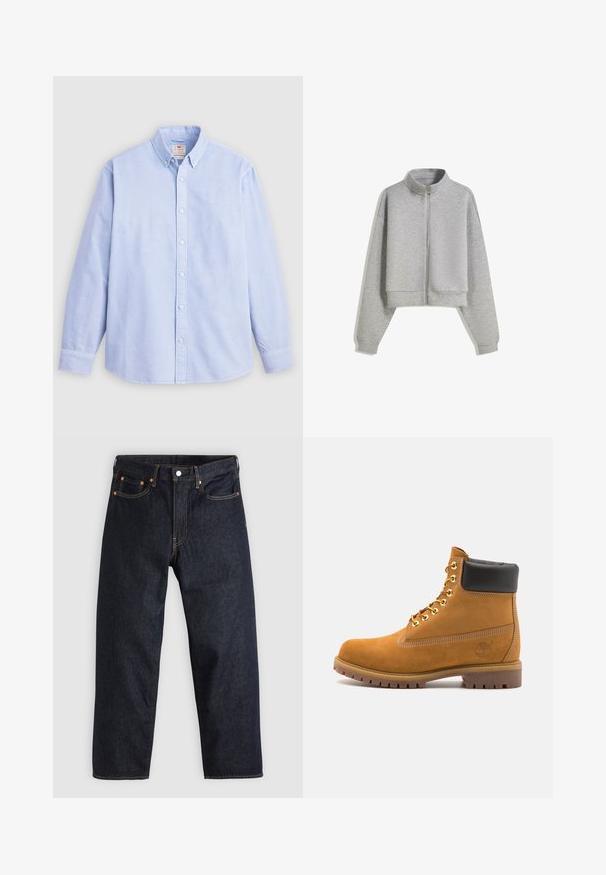 Afklippet grå zip-sweatshirt med høj krave, lange ærmer og ribbede manchetter. Fremstillet af blødt, let materiale med en glat tekstur.; Sort ærmeløs vest lavet af økologisk bomuld, med V-hals, lynlåslukning foran og to sidelommer. Minimalistisk design.; Lyseblå langærmet skjorte med knapper lavet af bomuld, der har en klassisk krave og diskret broderet logo på venstre bryst.; Mørkeblå denimjeans med lige pasform, fem lommer, kontrasterende orange syning og knaplukning. Ingen synlige mønstre eller udsmykninger.; Tan nubuck ankelstøvle med sort polstret krave, gyldne metaløjer, hvid syning detaljer og robust gummisål med udtalte slidbaner.