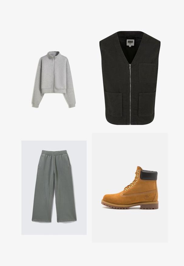 Skrátená šedá mikina na zips s vysokým golierom, dlhými rukávmi a rebrovanými manžetami. Vyrobená z mäkkého, ľahkého materiálu s hladkou textúrou.; Čierny bezrukávový sveter vyrobený z organickej bavlny, s V-výstrihom, predným zipsom a dvoma bočnými vreckami. Minimalistický dizajn.; Biela tričko priliehajúceho strihu vyrobené z bavlny. Okrúhly výstrih, krátke rukávy, hladká textúra. Malá čierna nášivka s logom na lemovaní. Jednoduchý dizajn.; Svetlošedé nohavice so širokými nohavicami vyrobené z mäkkého materiálu, s elastickým pásom a dvoma bočnými vreckami, s viditeľnými švovými detailmi.; Tyrkysové semišové členkové topánky s čiernym polstrovaným golierom, zlatými kovovými očkami, bielym prešívaním a robustnou gumovou podrážkou s výraznými drážkami.