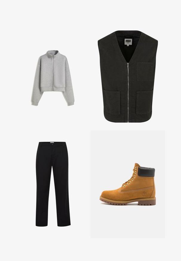Skrátená šedá mikina na zips s vysokým golierom, dlhými rukávmi a rebrovanými manžetami. Vyrobená z mäkkého, ľahkého materiálu s hladkou textúrou.; Čierny bezrukávový sveter vyrobený z organickej bavlny, s V-výstrihom, predným zipsom a dvoma bočnými vreckami. Minimalistický dizajn.; Biela tričko priliehajúceho strihu vyrobené z bavlny. Okrúhly výstrih, krátke rukávy, hladká textúra. Malá čierna nášivka s logom na lemovaní. Jednoduchý dizajn.; Čierne nohavice s rovnými nohavicami, vyrobené z hladkej látky, s gombíkovým zapínaním a s úchytmi na opasok. Bez viditeľných vzorov alebo dekorácií.; Tyrkysové semišové členkové topánky s čiernym polstrovaným golierom, zlatými kovovými očkami, bielym prešívaním a robustnou gumovou podrážkou s výraznými drážkami.