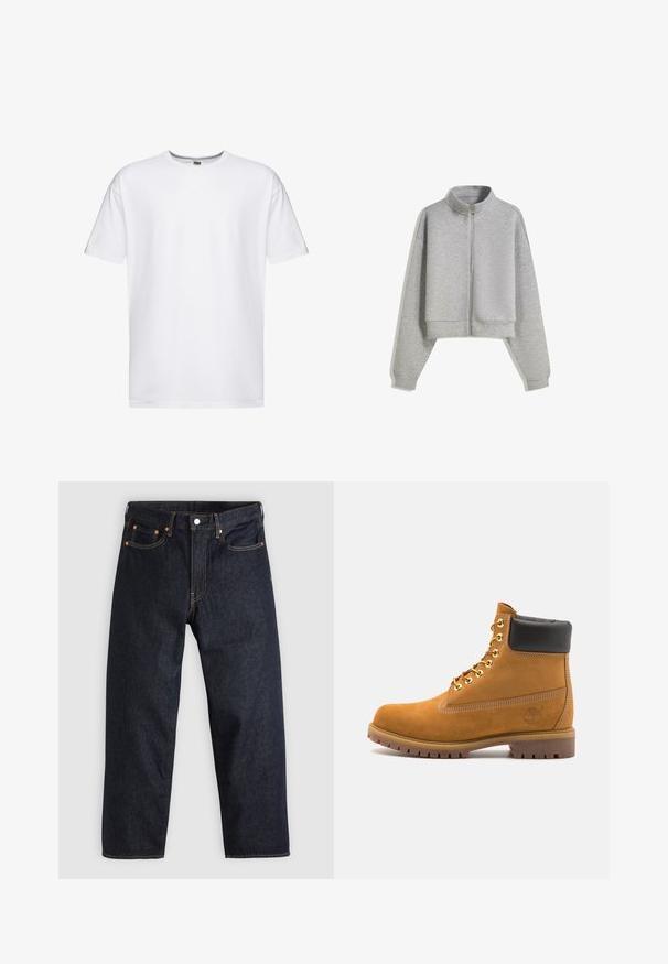 Korte grijze zip-up sweatshirt met een hoge kraag, lange mouwen en geribbelde manchetten. Gemaakt van zacht, lichtgewicht materiaal met een gladde textuur.; Zwarte mouwloze vest gemaakt van biologisch katoen, met een V-hals, een ritssluiting aan de voorkant en twee zijzakken. Minimalistisch ontwerp.; Witte katoenen t-shirt met korte mouwen, een ronde hals en een ontspannen pasvorm. Geen patronen of logo's, zachte textuur en standaard lengte.; Donkerblauwe denim jeans met een rechte snit, vijf zakken, contrasterende oranje stiksels en een knoopsluiting. Geen zichtbare patronen of versieringen.; Tan suède enkelboot met zwart gevoerd kraagje, gouden metalen oogjes, witte stikdetails en een robuuste rubberen zool met uitgesproken profiel.