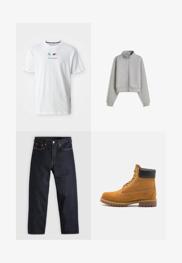 Avskuren grå zip-up sweatshirt med hög krage, långa ärmar och ribbade ärmslut. Tillverkad av ett mjukt, lätt material med en slät yta.; Svart ärmlös väst i ekologisk bomull, med V-ringning, dragkedja fram och två sidofickor. Minimalistisk design.; Vit bomull t-shirt med BMW-logotypen, texten "Motorsport" i grått och färgglada accenter på sidorna. Korta ärmar och rundad halsringning.; Mörkblå denimjeans med rak passform, fem fickor, kontrasterande orange sömmar och knappgylf. Inga synliga mönster eller dekorationer.; Tan mockasins ankelstövlar med svart vadderad krage, guldmetallöglor, vit sömdekor och slitstöt gummisula med utmärkta mönster.