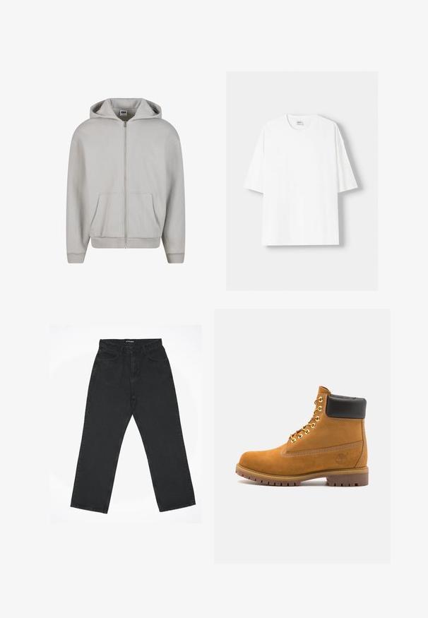 Hanorac gri cu fermoar, fabricat dintr-un amestec moale de bumbac. Dispune de glugă, buzunare frontale și manșete rib încrețite. Design minimalist, fără modele.; Tricou alb cu mânecă scurtă, confecționat din bumbac, cu un decolteu rotund și o croială lejeră. Textură netedă, fără modele sau accente vizibile.; Blugi negri, cu talie înaltă, drept și cu buzunare frontale, cu închidere prin buton, așezați pe un fundal alb.; Cizmă de gleznă din întoarsă de culoare bej, cu guler negru căptușit, ochiuri din metal auriu, detalii de cusătură albă și talpă din cauciuc robustă, cu un model pronunțat.