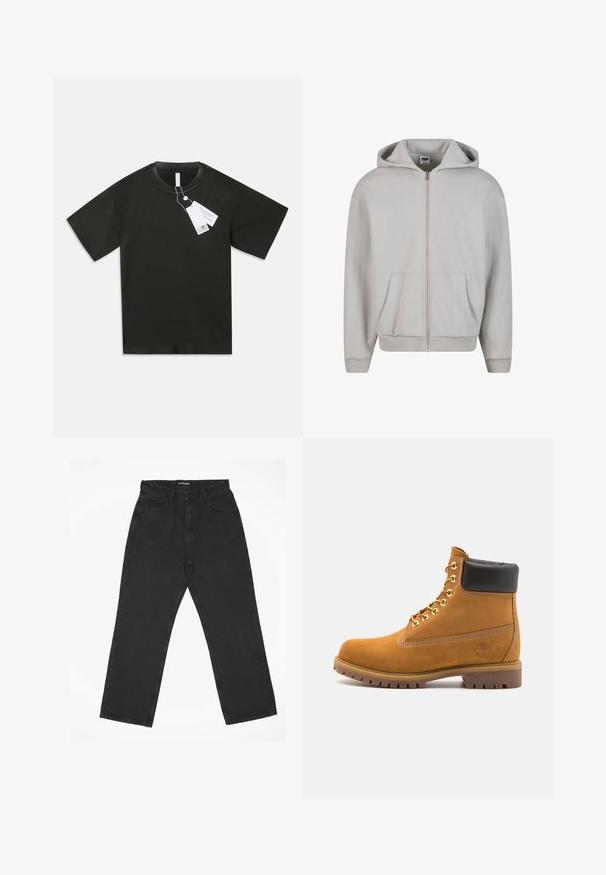 Šedá zipová mikina vyrobená z měkké směsi bavlny. Obsahuje kapuci, přední kapsy a žebrované manžety. Minimalistický design bez vzorů.; Černé pánské tričko s krátkým rukávem z bavlny s kulatým výstřihem a připevněnými bílými štítky s informacemi visícími z límce na jednoduchém bílém pozadí.; Černé džíny s vysokým pasem a rovnou nohavicí, s předními kapsami a zapínáním na knoflík, položené na bílém pozadí.; Hnědé semišové kotníkové boty s černým polstrovaným límcem, zlatými kovovými očky, bílým prošíváním a odolnou gumovou podrážkou s výraznými drážkami.