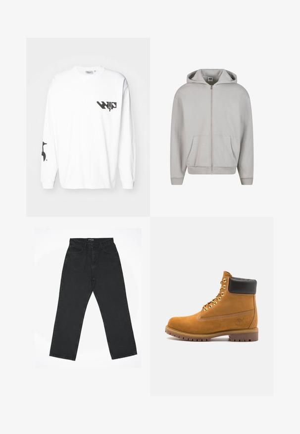 Gray zip-up hoodie made of soft cotton blend. Features a hood, front pockets, and ribbed cuffs. Minimalistic design with no patterns.; White long-sleeve T-shirt made of cotton with a crew neck. Features a black logo on the left chest and a graphic on the right sleeve.; Black high-waist straight-leg jeans with front pockets and button closure, laid flat on a white background.; Tan suede ankle boot with black padded collar, gold metal eyelets, white stitching detailing, and rugged rubber sole with pronounced treads.