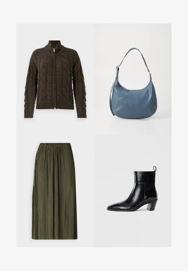 Cable-knit zip-up cardigan in dark olive green. Features a ribbed collar, textured pattern, and a silver zipper closure.; Black sleeveless top with a round neck and keyhole back. Features vertical pleats for texture. Smooth fabric with a slight sheen.; Olive green pleated skirt with an elastic waistband. The fabric has a smooth texture, featuring vertical folds throughout its length.; Black leather ankle boot with a pointed toe, a geometric stacked heel, and a pull tab at the back. Smooth texture and sleek design.; Blue leather handbag with a rounded shape, single shoulder strap, zip closure, and embossed brand name on the front. Smooth texture.