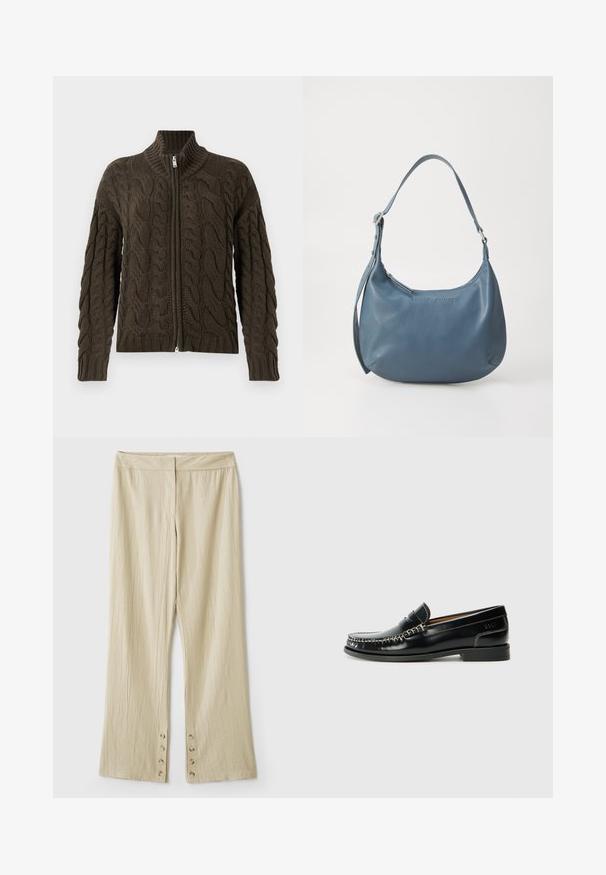 Cárdigan de punto trenzado con cremallera en verde oliva oscuro. Cuenta con un cuello acanalado, patrón texturizado y un cierre de cremallera plateada.; Top negro sin mangas con cuello redondo y espalda con abertura en forma de llave. Presenta pliegues verticales para dar textura. Fabricado con un tejido suave y con un ligero brillo.; Pantalones de pierna ancha beige con una tela texturizada. Presenta una cinturilla plana y cinco botones en el dobladillo para el cierre. Diseño con plisados.; Mocasín de cuero negro con un diseño cosido, acabado suave, tacón bajo y detalles en plateado. Forma clásica de punta redonda.; Bolso de piel azul con forma redondeada, correa de hombro única, cierre de cremallera y nombre de la marca en relieve en la parte frontal. Textura suave.