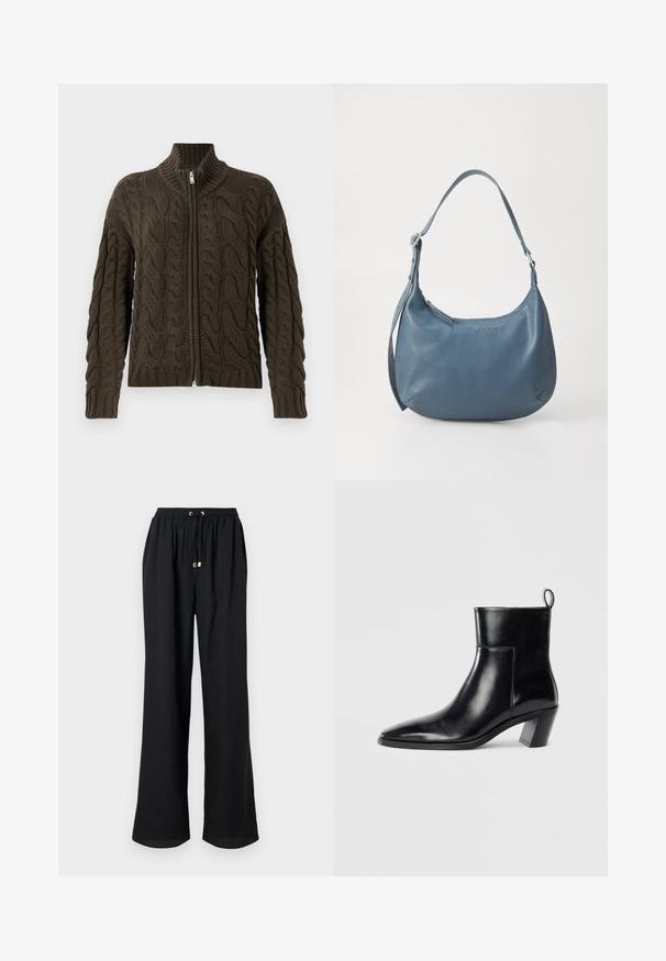 Cable-knit zip-up cardigan in dark olive green. Features a ribbed collar, textured pattern, and a silver zipper closure.; Black sleeveless top with a round neck and keyhole back. Features vertical pleats for texture. Smooth fabric with a slight sheen.; Black, wide-leg trousers with elastic waistband, drawstring closure, and gold-tone hardware accents. Smooth texture and no visible patterns.; Black leather ankle boot with a pointed toe, a geometric stacked heel, and a pull tab at the back. Smooth texture and sleek design.; Blue leather handbag with a rounded shape, single shoulder strap, zip closure, and embossed brand name on the front. Smooth texture.