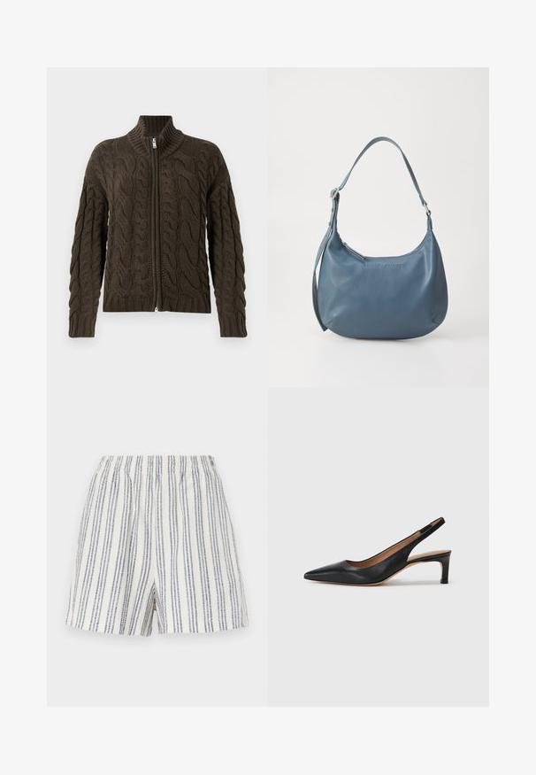 Kabelgebreide zip-up cardigan in donkergroen. Beschikt over een geribde kraag, een gestructureerd patroon en een zilveren rits.; Zwarte mouwloze top met een ronde hals en een sleutelgat achter. Heeft verticale plooien voor textuur. Glad materiaal met een lichte glans.; Gestreepte shorts van een lichtgewicht stof, met verticale blauwe en witte strepen, een elastische tailleband en een ontspannen snit.; Zwarte leren slingback pump met een puntige neus, lage hak en een gladde textuur. Beschikt over een dunne verstelbare band voor een veilige pasvorm.; Blauwe leren handtas met een ronde vorm, enkele schouderriem, ritssluiting en geïmpregneerde merknaam aan de voorkant. Gladde textuur.