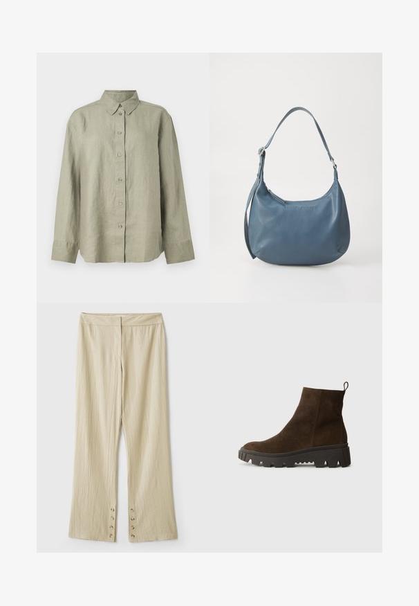 Dunkelolivgrüner strukturierter Cardigan mit Reißverschluss. Verfügt über einen gerippten Kragen, ein texturiertes Muster und einen silbernen Reißverschluss.; Hellgrünes Leinen-Hemd mit Knopfleiste und Kragen, langen Ärmeln und einer Vorderseite mit sechs Knöpfen. Weiche Textur und lockere Passform.; Beige weit geschnittene Hose aus strukturiertem Stoff. Mit einem flachen Bund und fünf Knöpfen am Saum zum Schließen. Falten-Design.; Braune Wildleder-Ankle-Boots mit einer stabilen schwarzen Gummisohle, leichtem Absatz und einer Schlaufe auf der Rückseite für einfaches Anziehen.; Blaue Lederhandtasche mit runder Form, einem Schulterriemen, Reißverschluss und eingeprägtem Markennamen auf der Vorderseite. Glatte Textur.