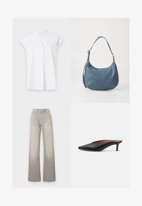 Dunkelolivgrüner strukturierter Cardigan mit Reißverschluss. Verfügt über einen gerippten Kragen, ein texturiertes Muster und einen silbernen Reißverschluss.; Weißes Kurzarmoberteil mit V-Ausschnitt, das mit Vorderfalten und einem leichten, strukturierten Stoff versehen ist. Minimalistischer und zeitgemäßer Stil.; Graue weit geschnittene Jeans mit einem verblassten Finish, Knopfverschluss, fünf Taschen und gestickten Details entlang der Nähte.; Schwarze Leder-Mules mit spitzem Zehenbereich und niedrigem Blockabsatz. Glatte Textur mit elegantem Design. Offene Rückseite mit minimaler Gestaltung.; Blaue Lederhandtasche mit runder Form, einem Schulterriemen, Reißverschluss und eingeprägtem Markennamen auf der Vorderseite. Glatte Textur.