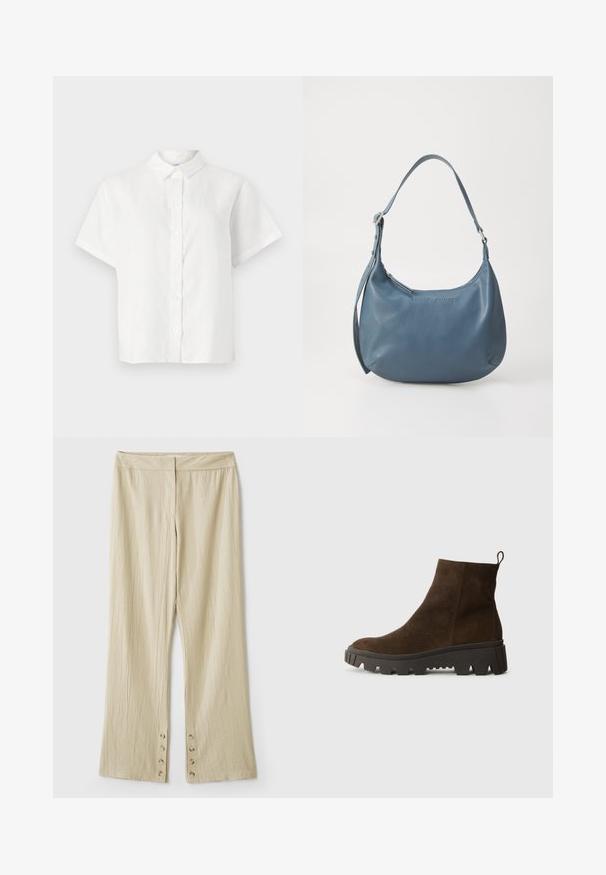 Zipsová kardigán s pleteným vzorom v tmavej olivovej farbe. Má rebrovaný golier, textúrovaný vzor a strieborný zips.; Biela krátkorpá košeľa vyrobená z ľanu, s špicatým golierom a zapínaním na gombíky. Má voľný strih a hladkú textúru.; Béžové nohavice so širokými nohavicami a textúrovanou tkaninou. Vystužený pás a päť gombíkov na leme na zapínanie. Prehnutý dizajn.; Hnedé semišové členkové topánky s hrubou čiernou gumovou podrážkou, s mierne zvýšeným opätkom a s pútkom na zadnej strane pre jednoduché obliekanie.; Modrá kožená kabelka s oblým tvarom, jedným ramenným popruhom, zipsovým uzatváraním a embosovaným názvom značky na prednej strane. Hladká textura.
