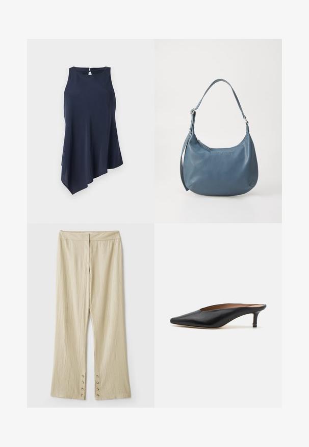 Kabelgebreide zip-up cardigan in donkergroen. Beschikt over een geribde kraag, een gestructureerd patroon en een zilveren rits.; Marineblauwe zonder mouwen top met een asymmetrische zoom, gemaakt van zachte stof. Heeft een sleutelgatopening aan de achterkant. Eenvoudig, elegant ontwerp.; Beige wijde broek met een textuurstof. Heeft een platte tailleband en vijf knopen aan de onderkant voor sluiting. Geplooid ontwerp.; Zwarte leren muiltjes met een puntige neus en een lage, blokhak. Glad oppervlak met een gestroomlijnd ontwerp. Open achterkant met minimale details.; Blauwe leren handtas met een ronde vorm, enkele schouderriem, ritssluiting en geïmpregneerde merknaam aan de voorkant. Gladde textuur.