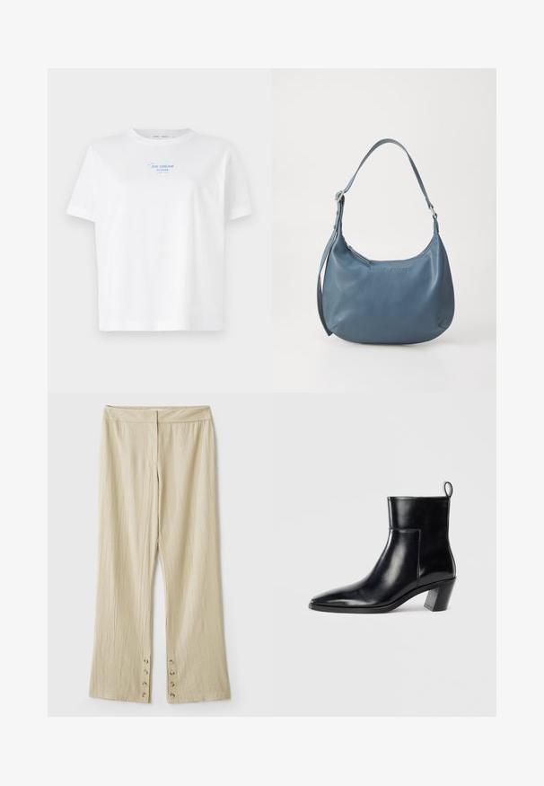 Cable-knit zip-up cardigan in dark olive green. Features a ribbed collar, textured pattern, and a silver zipper closure.; White cotton t-shirt with a round neck, short sleeves, featuring a blue printed text "ICE CREAM PLEASE" above a simple line drawing of an ice cream cone.; Beige wide-leg pants with a textured fabric. Features a flat waistband and five buttons at the hem for closure. Creased design.; Black leather ankle boot with a pointed toe, a geometric stacked heel, and a pull tab at the back. Smooth texture and sleek design.; Blue leather handbag with a rounded shape, single shoulder strap, zip closure, and embossed brand name on the front. Smooth texture.