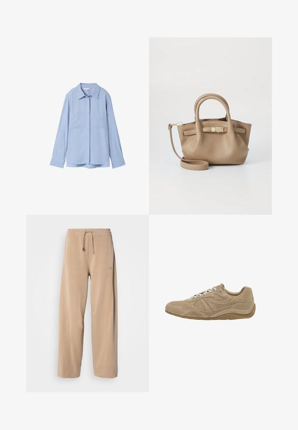 Beige hoodie featuring a zip front, adjustable drawstrings, ribbed cuffs, and a relaxed fit. Made of soft, lightweight fabric.; Light blue long-sleeve shirt made of soft fabric, featuring a pointed collar, button closure, and two front pockets.; White, long-sleeve t-shirt made from soft cotton, featuring a round neckline and drop-shoulder design, with a relaxed fit and no visible patterns.; Beige, wide-leg pants made of soft fabric with an elastic waistband and drawstring. Features subtle branding on the side and side pockets.; Beige suede sneaker with a low profile, textured surface, and white laces. Features a curved design and a rubber sole for grip.; Tan leather handbag with double handles and a detachable shoulder strap. Features a gold-tone clasp and textured surface.