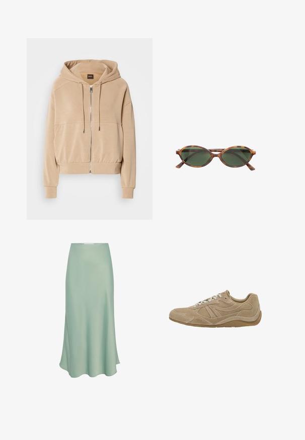 Beige Kapuzenpullover mit zippered Front, verstellbaren Kordeln, gerippten Bündchen und einer lockeren Passform. Hergestellt aus weichem, leichtem Material.; Weißes Langarm-T-Shirt aus weicher Baumwolle, mit rundem Ausschnitt und Raglanärmeln, lockerer Passform und ohne sichtbare Muster.; Mintgrüner Satin-Midirock mit glatter Textur, der eine leicht ausgestellte Form und einen seitlichen Schlitz für zusätzlichen Designakzent aufweist.; Beige Wildledersneaker mit niedrigem Profil, strukturierten Oberflächen und weißen Schnürsenkeln. Verfügt über ein geschwungenes Design und eine Gummisohle für guten Halt.; Braune Schildpatt-Sonnenbrille mit ovalen Gläsern und dunklem grünem Farbton. Sie hat dünne, gerade Bügel und dezente Markierung am Rahmen.; Taschen aus braunem Leder mit doppelten Griffen und einem abnehmbaren Schultergurt. Verfügt über einen goldfarbenen Verschluss und eine strukturierte Oberfläche.