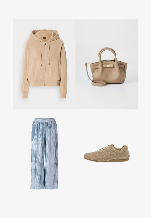 Felpa beige con zip frontale, cordini regolabili, polsini a coste e vestibilità comoda. Realizzata in morbido tessuto leggero.; T-shirt bianco a maniche lunghe realizzato in morbido cotone, con scollo rotondo e design a spalla abbassata, dalla vestibilità comoda e senza motivi visibili.; Pantaloni ampi di un azzurro chiaro con un design testurizzato e plissettato che presenta diverse tonalità di blu e una vita elastica per un comfort ottimale.; Sneaker in suede beige con profilo basso, superficie texturizzata e lacci bianchi. Presenta un design curvo e una suola in gomma per una migliore aderenza.; Borsa a mano in pelle color tan con doppie maniglie e tracolla staccabile. Presenta un chiusura in tono oro e una superficie testurizzata.