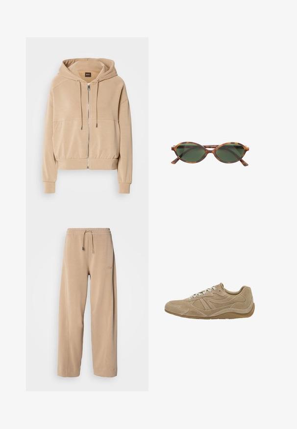 Beige huppari, jossa on vetoketju etuosassa, säädettävät nyörit, ribbaustaskut ja rento malli. Valmistettu pehmeästä ja kevyestä kankaasta.; Valkoinen, pitkähihainen t-paita pehmeästä puuvillasta, jossa on pyöreä pääntie ja pudotetut olkapäät, rento istuvuus ilman näkyviä kuvioita.; Harmaat, leveät housut pehmeästä kankaasta, joissa on joustava vyötärö ja naru. Sivussa on huomaamaton brändäys ja sivutaskut.; Beige mokkanahka sneaker, jossa on matala profiili, teksturoitu pinta ja valkoiset nauhat. Ominaisuuksiin kuuluu kaareva muotoilu ja kumipohja pidon takaamiseksi.; Ruske tortoiseshell sunčane naočale s ovalnim lećama i tamnozelenom nijansom. Imaju tanke, ravne drške i suptilno brendiranje na okviru.; Tan-väri nahkakäsilaukku, jossa on kaksinkertaiset kahvat ja irrotettava olkahihna. Varustettu kultasävyisellä lukkolla ja teksturoidulla pinnalla.