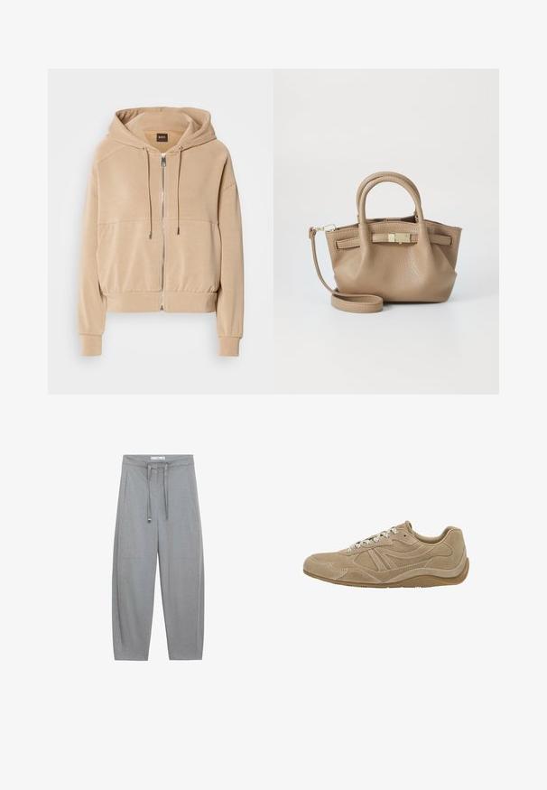 Bežová mikina s predným zipsom, nastaviteľnými šnúrkami, rebrovanými manžetami a voľným strihom. Vyrobená z mäkkej, ľahkej tkaniny.; Biela, dlhá rukávová tričko vyrobené z jemnej bavlny, s okrúhlym výstrihom a dizajnom s padnutými ramenami, uvoľneného strihu a bez viditeľných vzorov.; Šedé, široké nohavice s textúrovanou tkaninou, s elastickým pásom a dvoma prednými vreckami; strihaný dizajn s minimalistickým štýlom.; béžové semišové tenisky s nízkym profilom, textúrovaným povrchom a bielymi šnúrkami. Majú zakrivený dizajn a gumovú podrážku pre lepšiu priľnavosť.; Hnedá kožená taška s dvojitými uchami a odnímateľným ramenným popruhom. Obsahuje zlatý zámok a textúrovaný povrch.