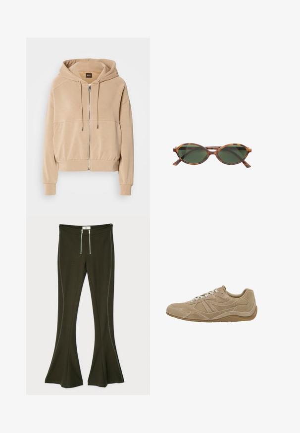 Beige hoodie met een rits aan de voorkant, verstelbare drawstrings, ribgebreide manchetten en een relaxte pasvorm. Gemaakt van een zachte, lichte stof.; Witte, lange mouwen t-shirt gemaakt van zachte katoen, met een ronde halslijn en een drop-shoulder ontwerp, met een relaxte pasvorm en zonder zichtbare patronen.; Donker olijfgroene wijde broek van rekbaar materiaal, met metallic ritsdetails en contrasterende zijnaad.; Beige suède sneaker met een laag profiel, gestructureerd oppervlak en witte veters. Heeft een gebogen ontwerp en een rubberen zool voor grip.; Bruine schildpaddenstijl zonnebril met ovale lenzen en een donkergroene tint. Beschikt over dunne, rechte pootjes en subtiele branding op het frame.; Tan leren handtas met dubbele handvatten en een afneembare schouderriem. Beschikt over een goudkleurige sluiting en een gestructureerd oppervlak.