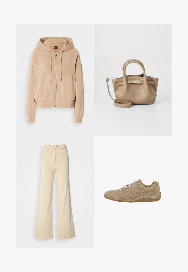 Bež hudica z zadrgo spredaj, nastavljivimi vrvicami, rebrastimi manšetami in sproščenim krojem. Izdelana iz mehkega, lahkega materiala.; Bela majica s dolgimi rokavi, izdelana iz mehke bombažne tkanine, z okroglim izrezom in obliko z spušenimi rameni, sproščenega kroja in brez vidnih vzorcev.; Bež hlače širokega kroja z visokim pasom, sprednjimi žepi in kontrastnim šivanjem, z gumbom za zapiranje in gladko bombažno teksturo.; Bež semiš športni copat z nizkim profilom, teksturirano površino in belimi vezalkami. Ima ukrivljen dizajn in gumijast podplat za oprijem.; Sara torbica iz svetlo rjave usnje s dvema ročajema in odstranljivim naramnim trakom. Ima zlat tonirni zaponko in teksturirano površino.