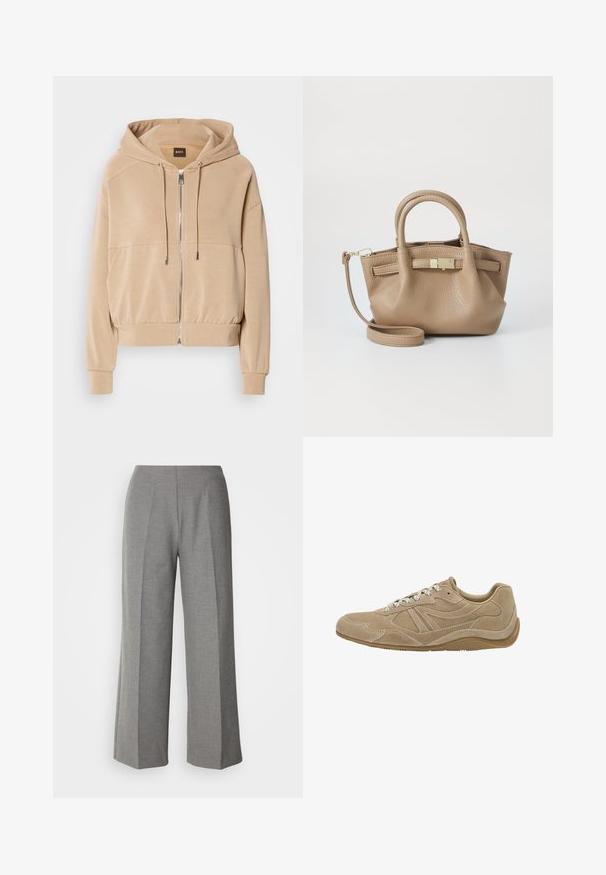 Bež dukserica s patentnim zatvaračem sprijeda, podesivim vezicama, rebrastim manžetama i opuštenim krojem. Izrađena od mekog, laganog materijala.; Bijela majica dugih rukava od mekanog pamuka, s okruglim izrezom i dizajnom s spuštenim ramenima, opuštenog kroja i bez vidljivih uzoraka.; Sive krojene hlače širokih nogavica s glatkom teksturom, s ravnim prednjim dijelom i oštrim naborima na svakoj nogavici.; Bežanke od suède s niskim profilom, teksturiranom površinom i bijelim vezicama. Ima zakrivljen dizajn i gumeni đon za bolje prianjanje.; Smeđi kožni rukavac s dvostrukim ručkama i odvojivom remenom za rame. Ima zlatni zatvarač i teksturiranu površinu.