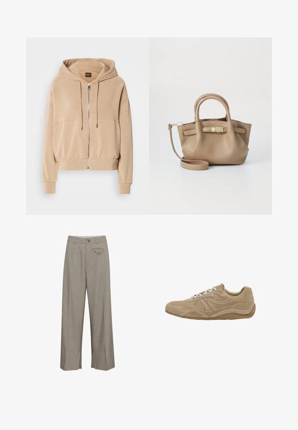 Bežová mikina s predným zipsom, nastaviteľnými šnúrkami, rebrovanými manžetami a voľným strihom. Vyrobená z mäkkej, ľahkej tkaniny.; Biela, dlhá rukávová tričko vyrobené z jemnej bavlny, s okrúhlym výstrihom a dizajnom s padnutými ramenami, uvoľneného strihu a bez viditeľných vzorov.; Široké nohavice z svetlošedého materiálu, s predným zapínaním na gombík, dvoma bočnými vreckami a dekoratívnym vreckom v tvare diamantu na zadnej strane.; béžové semišové tenisky s nízkym profilom, textúrovaným povrchom a bielymi šnúrkami. Majú zakrivený dizajn a gumovú podrážku pre lepšiu priľnavosť.; Hnedá kožená taška s dvojitými uchami a odnímateľným ramenným popruhom. Obsahuje zlatý zámok a textúrovaný povrch.