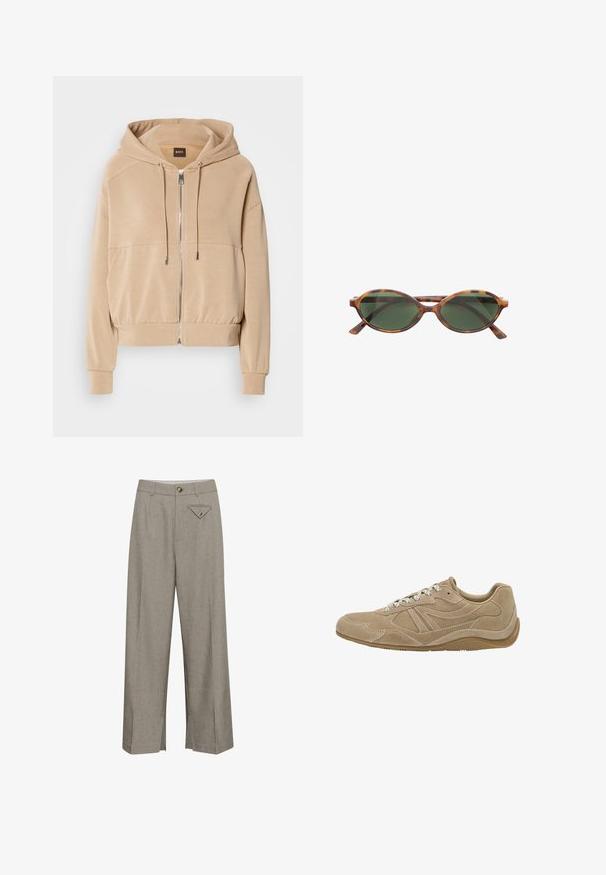 Beige hoodie med lynlås foran, justerbare snore, ribbede manchetter og en afslappet pasform. Fremstillet af blødt, letvægtsstof.; Hvid langærmet t-shirt lavet af blød bomuld, med rund halsudskæring og drop-shoulder design, med en afslappet pasform og uden synlige mønstre.; Breddebukser i lysegrå stof med en frontknaplukning, to sidelommer og en dekorativ diamantformet baglomme.; Beige ruskinds sneaker med lav profil, tekstureret overflade og hvide snørebånd. Har et buet design og en gummisål for godt greb.; Brune skildpadde-soluvar med ovale linser og mørkegrønne nuancer. Har tynde, lige stænger og subtil branding på stellet.; Tan lædertaske med dobbelte håndtag og en aftagelig skulderrem. Har en guld-tone lås og tekstureret overflade.