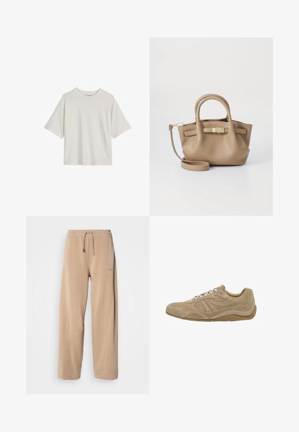 Felpa beige con zip frontale, cordini regolabili, polsini a coste e vestibilità comoda. Realizzata in morbido tessuto leggero.; T-shirt bianca in cotone con scollo rotondo, maniche corte e vestibilità comoda. Texture liscia e design semplice, senza motivi o dettagli visibili.; Pantaloni beige a gamba larga realizzati in tessuto morbido, con elastico in vita e cordoncino. Presentano un logo discreto sul lato e tasche laterali.; Sneaker in suede beige con profilo basso, superficie texturizzata e lacci bianchi. Presenta un design curvo e una suola in gomma per una migliore aderenza.; Borsa a mano in pelle color tan con doppie maniglie e tracolla staccabile. Presenta un chiusura in tono oro e una superficie testurizzata.