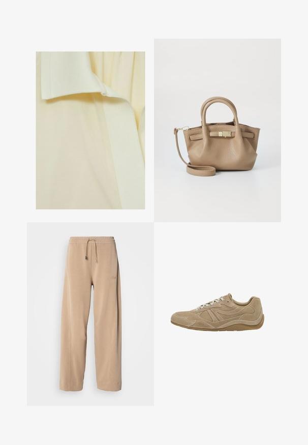Beige huvtröja med dragkedja fram, justerbara snoddar, ribbade manschetter och en avslappnad passform. Tillverkad av mjukt, lättviktigt material.; Ljusgul tyg med en strukturerad yta, som har ett slätt, något upphöjt band längs kanten. Inga distinkta mönster eller detaljer.; Beiga, vida byxor gjorda av mjukt tyg med elastisk midja och dragsko. Har subtil märkning på sidan och sidofickor.; Beige mockasinsneakers med låg profil, texturerad yta och vita snören. Har en böjd design och en gummisula för bra grepp.; Brun läderhandväska med dubbla handtag och en avtagbar axelrem. Har ett lås i guldton och en texturerad yta.