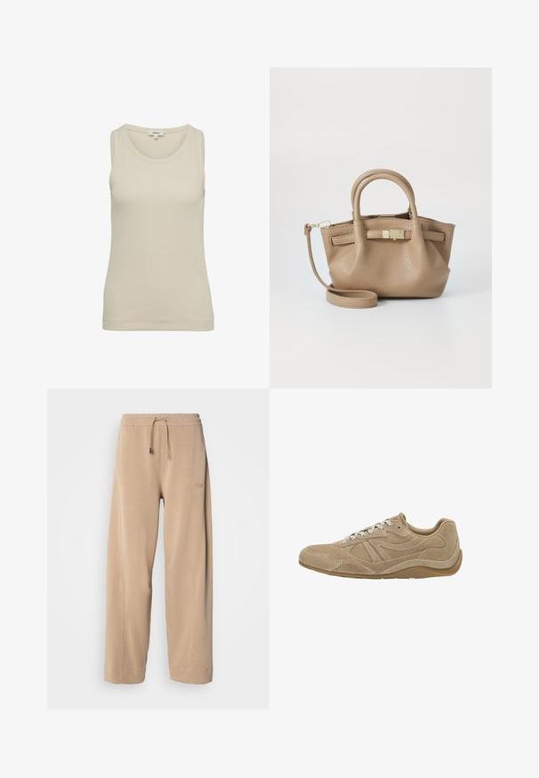 Beżowa bluza z kapturem z zamkiem z przodu, regulowanymi sznurkami, prążkowanymi mankietami i luźnym krojem. Wykonana z miękkiego, lekkiego materiału.; Jasnobeżowy top na ramiączkach z okrągłym dekoltem i szerokimi ramiączkami. Wykonany z prążkowanego materiału, charakteryzuje się prostym, bezszwowym wzornictwem.; Beżowe spodnie o szerokich nogawkach wykonane z miękkiego materiału z elastycznym paskiem w talii i sznurkiem. Zawierają subtelne logo z boku i kieszenie boczne.; Beżowe zamszowe sneakersy o niskim profilu, teksturowanej powierzchni i białych sznurowadłach. Posiadają zaokrąglony kształt i gumową podeszwę zapewniającą przyczepność.; Torebka skórzana w kolorze tan z podwójnymi uchwytami i odpinanym paskiem na ramię. Posiada złoty zamek i teksturowaną powierzchnię.