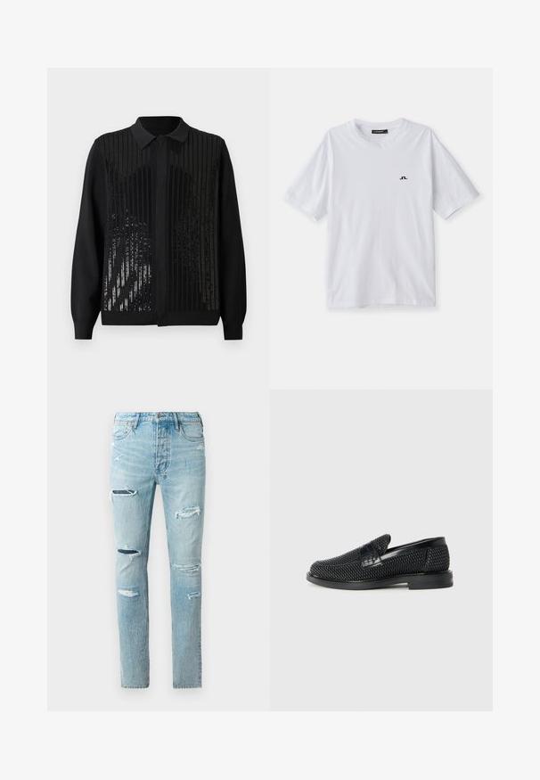 Cardigan noir avec un col, agrémenté de rayures verticales de sequins et d'un tissu texturé. Fermeture à boutons sur le devant et manches longues.; T-shirt en coton blanc avec un col rond et des manches courtes, arbore un petit logo noir sur la poitrine. Texture lisse et coupe décontractée.; Jeans en denim bleu clair avec une coupe slim, présentant plusieurs déchirures usées, un design classique à cinq poches et un léger délavage sur l'ensemble.; Chaussure slip-on tissée noire avec un accent en cuir lisse sur le dessus, un design à bout rond et une semelle en caoutchouc à profil bas.