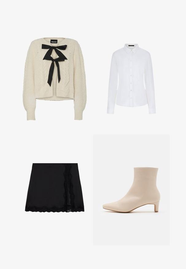 Kremowy sweter w splot warkoczowy z czarną kokardą przy dekolcie, długie rękawy oraz ściągacze przy mankietach i dolnym wykończeniu. Miękka tekstura, luźny krój.; Biała koszula z długim rękawem z kołnierzykiem, zapięciem na guziki z przodu i mankietami. Wykonana z gładkiego materiału, dopasowana, bez widocznych wzorów.; Even&Odd - Spódnica mini; RAID LYNSEY mleczny