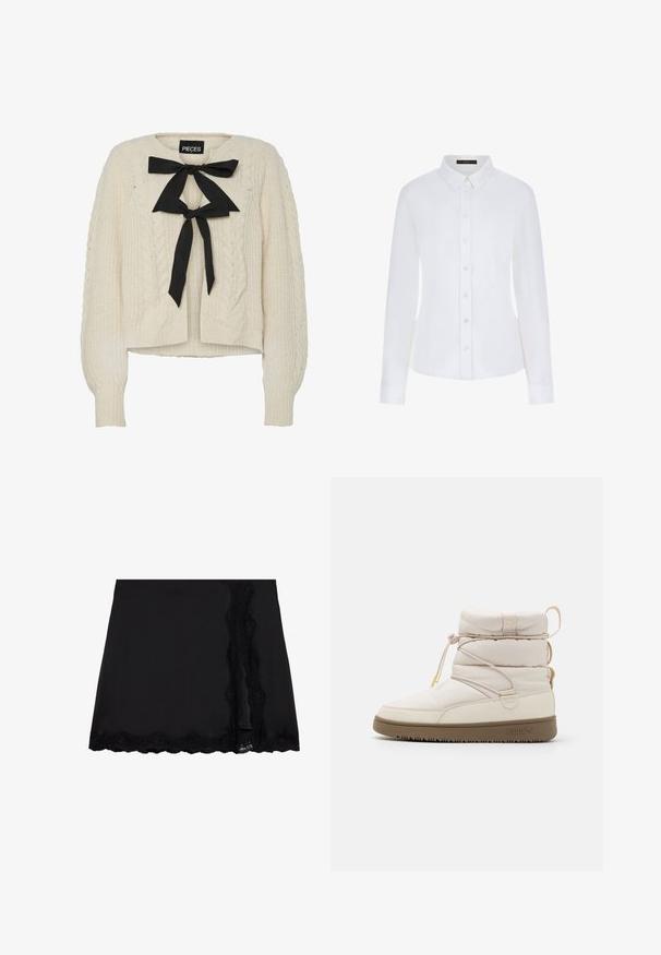 Krém színű, cable-knit pulóver fekete szalaggal a nyakrészén, hosszú ujjakkal és bordás mandzsettával és aljjal. Puha tapintás, laza fazon.; Fehér, hosszú ujjú ing, amely nyakkal, gombos elülső résszel és mandzsettával rendelkezik. Simább anyagból készült, testhez álló fazonban, látható minták nélkül.; Even&Odd Miniszoknya - black; Beige bokacsizma steppelt anyaggal, elasztikus fűzéssel és gumitalppal. Párnázott bokarész és diszkrét logó található az oldalon.