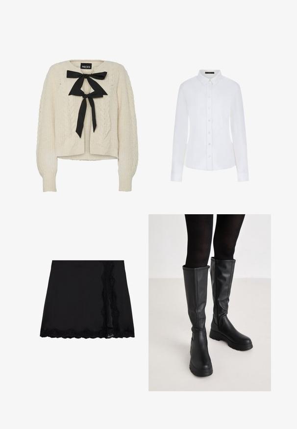 Kreem värvi kaablimaandumisega sviiter musta lipsuga kaelaosas, pikad varrukad ning soonikute emane ja alumine ääre. Pehme tekstuur, juhuslik lõige.; Valge pika varrukaga särk, millel on krae, nööpidega esiosa ja mansetid. Valmistatud siledast kangast, millega on ehtsa lõikega ja ilma nähtavate mustriteta.; Even&Odd Miniseelik - black; Even&Odd Platvormsaapad - black