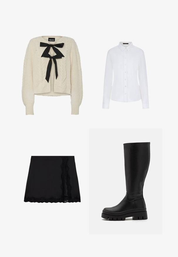 Cream cable-knit sweater with black ribbon tie at neckline, long sleeves, and ribbed cuffs and hem. Soft texture, casual fit.; White long-sleeve shirt featuring a collar, button-down front, and cuffs. Made of smooth fabric with a fitted design and no visible patterns.; Even&Odd Mini skirt - black; Even&Odd Platform boots - black