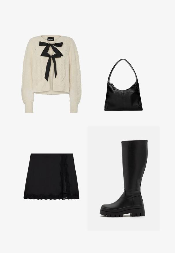 Cream cable-knit sweater with black ribbon tie at neckline, long sleeves, and ribbed cuffs and hem. Soft texture, casual fit.; White long-sleeve shirt featuring a collar, button-down front, and cuffs. Made of smooth fabric with a fitted design and no visible patterns.; Even&Odd Mini skirt - black; Even&Odd Platform boots - black; Black leather shoulder bag with a smooth texture, a curved top, and a single strap. Features a zipper closure and minimalist design.