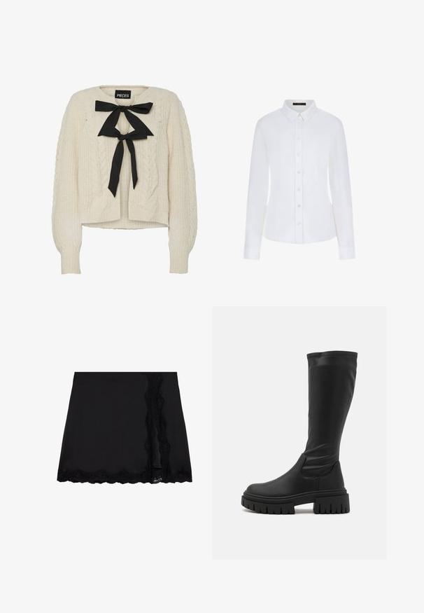 Pulover crem din tricot cu model cable-knit, cu o fundă neagră la guler, mâneci lungi și manșete și tiv cu riburi. Textură moale, croială lejeră.; Cămașă albă cu mâneci lungi, având guler, deschidere cu nasturi în față și manșete. Realizată dintr-un material neted, cu un design ajustat și fără modele vizibile.; Even&Odd Fustă mini - black; Even&Odd Cizme cu platformă - black