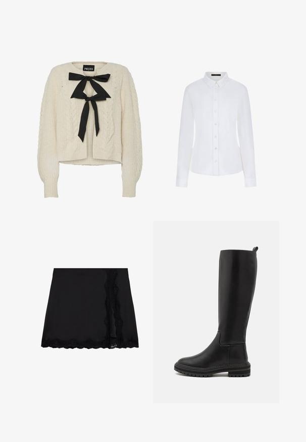 Cream cable-knit sweater with black ribbon tie at neckline, long sleeves, and ribbed cuffs and hem. Soft texture, casual fit.; White long-sleeve shirt featuring a collar, button-down front, and cuffs. Made of smooth fabric with a fitted design and no visible patterns.; Even&Odd Mini skirt - black; Knee-high black leather boots with a smooth finish, rounded toe, low rubber sole, and minimal stitching detail.