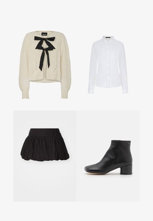 Kreemivärvi nööridega kaelusega soonikpestud kampsun, millel on pikad varrukad ja soonikpitsid ning -servad. Pehme tekstuur, mugav lõige.; Valkoinen pitkähihaista paitaa, jossa on kaulus, napitettava etuosa ja hihansuut. Valmistettu sileästä kankaasta, jossa on istuva muotoilu ja ei näkyviä kuvioita.; Mustakalla kerroksellinen mini-hame, jossa on leveä vyötäröosa, pehmeä, teksturoitu kangas ja poimuun suunnittelu. Ei näkyviä kiinnityksiä tai koristeluja.; Musta nahkasaapas nilkkamittaisella varrella, pyöreällä kärjellä, keskikorkealla korolla, sileäpintaisella pinnalla ja takana vetoketjulla.