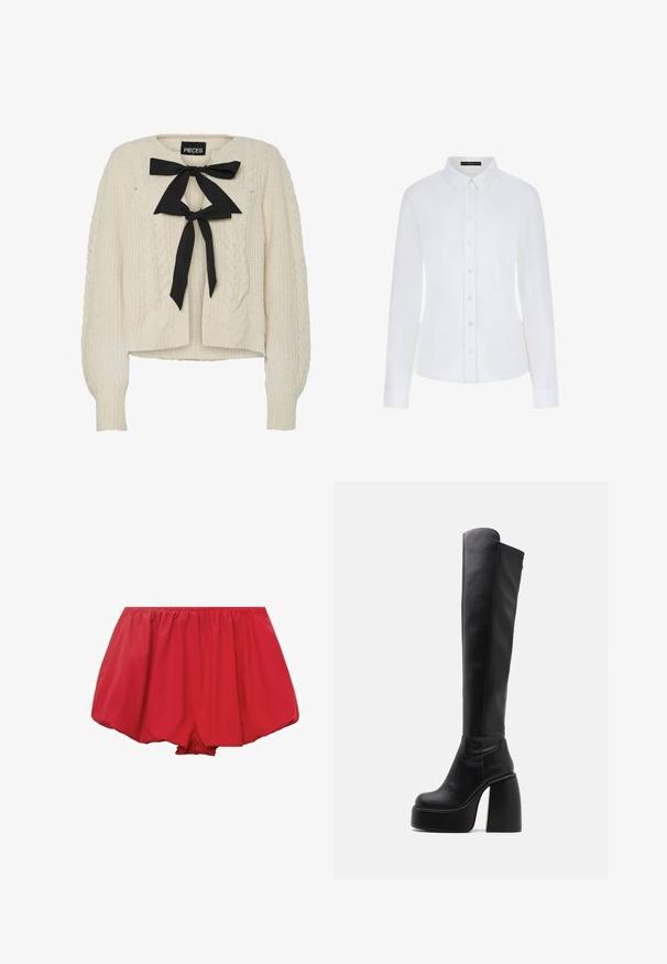 Cremfarbener Kabelstrickpullover mit schwarzem Band an den Ausschnitten, langen Ärmeln sowie gerippten Bündchen und Saum. Weiche Textur, lässiger Schnitt.; Weißes Langarmhemd mit Kragen, Knopfleiste und Manschetten. Hergestellt aus glattem Stoff mit einer taillierten Passform und ohne sichtbare Muster.; Rote, leichte Shorts mit dehnbarem Bund. Sie verfügen über ein lockeres, ausladendes Design und gerafftes Material für eine bequeme Passform.; Buffalo HEART STRETCH BOOT - Plateaustiefel - black