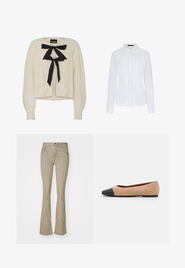 Kreminė kabelinė megzta palaidinė su juodu kaspinu prie kaklo, ilgomis rankovėmis ir raukiniais ant rankogalių bei apatinio krašto. Minkšta tekstūra, laisvas fasonas.; Balta ilgomis rankovėmis marškiniai su apykakle, priekyje užsegami mygtukais ir su rankogaliais. Pagaminti iš glotnaus audinio, su prigludusiu kirpimu ir be matomų raštų.; Šviesiai kreminės spalvos plačiagalvės džinsai su aukštu juosmeniu, pagaminti iš džinsinio audinio. Turi subtilius siūlus, penkis kišenes ir metalinį užsegimą.; Šviesiai rudas zomšiniai baleto bateliai su juodu odiniu suapvalintu pirštu, maža pakulne ir lygia tekstūra, su minimaliai siūlėmis ir tvarkingu dizainu.