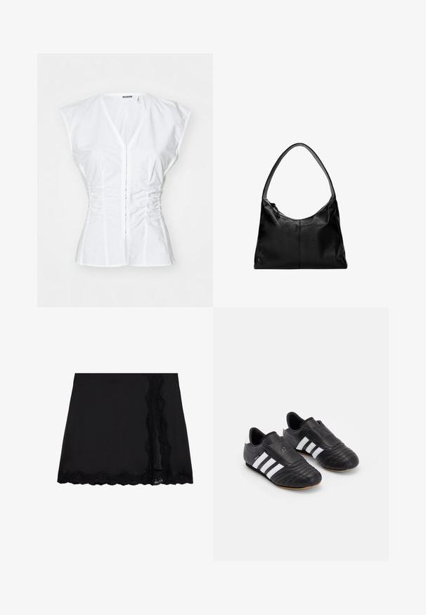 Krämfärgad kabelstickad tröja med svart satinband vid halsringningen, långa ärmar och ribbade muddar och fåll. Mjuk textur, avslappnad passform.; Vit bomullsskjorta med korta ärmar, figurnära design, V-ringning, knäppning fram och rynkdetaljer längs sidorna.; Even&Odd Minikjol - black; Svarta fotbollsskor med en texturerad läderöverdela, som har en vadderad framdel, tre vita ränder på sidorna och en yttermaterial av gummirubber.; Svart läderaxelväska med en slät yta, en böjd topp och ett enskilt bärhandtag. Har dragkedjestängning och minimalistisk design.