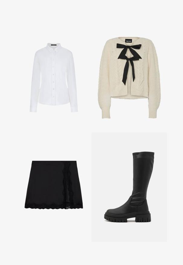 Cream cable-knit sweater with black ribbon tie at neckline, long sleeves, and ribbed cuffs and hem. Soft texture, casual fit.; White long-sleeve shirt featuring a collar, button-down front, and cuffs. Made of smooth fabric with a fitted design and no visible patterns.; Even&Odd Mini skirt - black; Even&Odd Platform boots - black