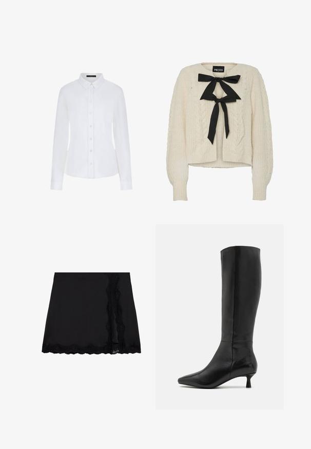 Kremowy sweter w splot warkoczowy z czarną kokardą przy dekolcie, długie rękawy oraz ściągacze przy mankietach i dolnym wykończeniu. Miękka tekstura, luźny krój.; Biała koszula z długim rękawem z kołnierzykiem, zapięciem na guziki z przodu i mankietami. Wykonana z gładkiego materiału, dopasowana, bez widocznych wzorów.; Even&Odd - Spódnica mini; Zign - Kozaki