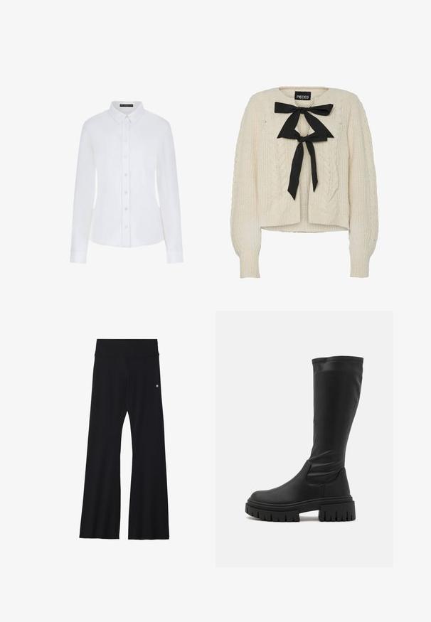 Kremowy sweter w splot warkoczowy z czarną kokardą przy dekolcie, długie rękawy oraz ściągacze przy mankietach i dolnym wykończeniu. Miękka tekstura, luźny krój.; Biała koszula z długim rękawem z kołnierzykiem, zapięciem na guziki z przodu i mankietami. Wykonana z gładkiego materiału, dopasowana, bez widocznych wzorów.; Czarne rozszerzane spodnie wykonane z elastycznego materiału, z szerokim pasem i małym logo na biodrze. Gładka faktura i pełna długość.; Even&Odd - Kozaki na platformie