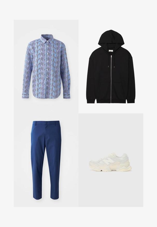 Črna zip-up kapuca iz mehkega bombažnega blaga. Ima kapuco z vrvico, sprednje žepe in rebraste manšete. Enostaven, navaden dizajn.; Srajca z gumbi, ki ima modro in vijolično cik-cak vzorčevje z navpičnimi črnimi črtami, dolge rokave in klasičen ovratnik.; Mornarsko modre chinos hlače z gladko teksturo, pasom na gumb in stranskimi žepi, s krojem po meri in skrajšano dolžino.; Lahki športni čevlji z zgornjim delom iz mrežastega materiala in antilopa v nežnih kremnih tonih, z debelim podplatom in tridimenzionalnimi poudarki.