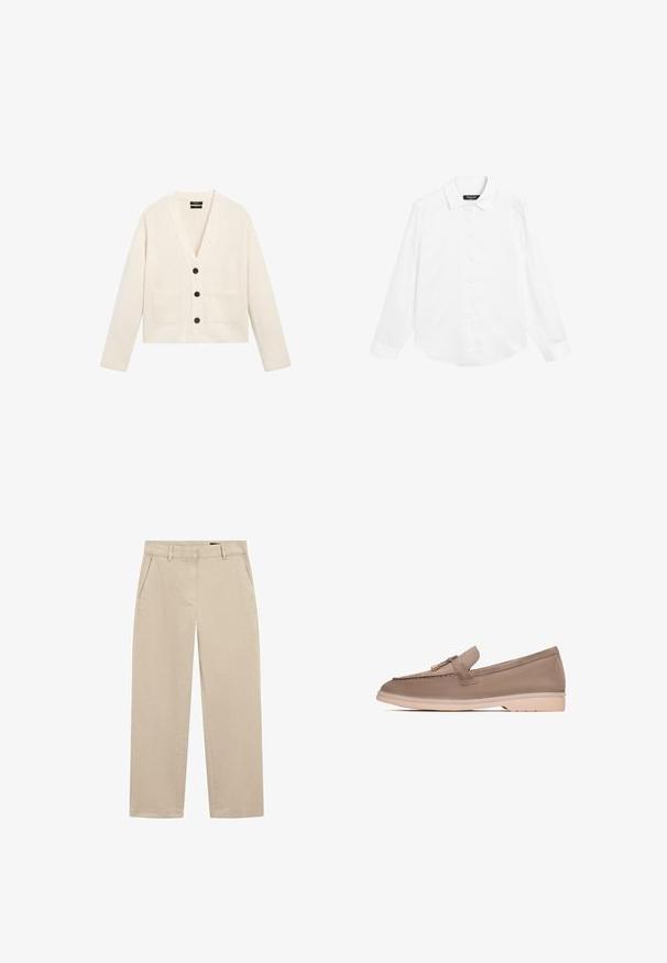 Krämfärgad stickad cardigan med långa ärmar, två framfickor, djup V-hals och tre svarta knappar i mitten.; Massimo Dutti FLOWING SATIN LONG SLEEVE - Blus - white denim; Beiga chinos i bomullstwill med rak bendesign, två framfickor och dragkedjestängning. Slät textur med minimal detaljer.; Bruna läderloafers med en slät textur, prydda med ett dekorativt band och guldhardware, vilande på en ljus beige gummisula.