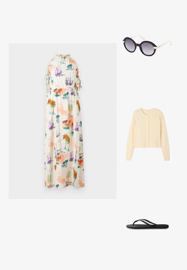 Lichtbeige geknipte cardigan van zachte breistof, met een ronde halslijn, knoopsluiting en ribgebreide manchetten en zoom.; Maxi-jurk van lichtgewicht stof met een kleurrijke maritieme print van schepen, vuurtorens en palmbomen. Halternek met strikjes.; Zwarte flip-flop met een gestructureerde rubberen zool, twee slanke banden en een subtiele, ingedrukte logo-detail op de band.; Zwarte plastic zonnebril met gradiënt grijze lenzen, oversized ronde vorm, witte pootjes en een subtiele golfdetail aan de bovenkant.