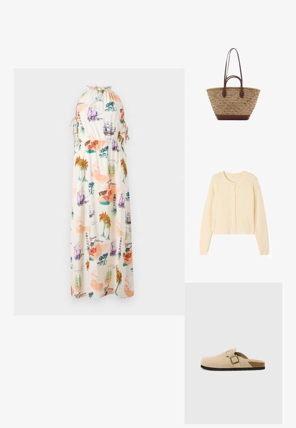 Vaaleanbeige lyhyt neuletakki, joka on valmistettu pehmeästä neuleesta. Siinä on pyöreä kaula-aukko, napitus ja resorit hihoissa sekä helmassa.; Maxi-mekko kevyestä kankaasta, jossa on värikäs meriteema printti, joka esittää laivoja, majakoita ja palmuja. Kaula-aukko, jossa on nyörit.; Beige mokkasiner i semsket skinn med korksåle, rund tå og en enkel stropp med gulltone spenne. Gummisåle for godt grep.; Kudottu oljetikassi, jossa on punottu rakenne, tummanruskeat nahkakahvat ja pohja, leveä pyöreä muoto ja avoin ylhästä muotoilu.