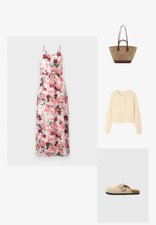 Světle béžový zkrácený kardigan vyrobený z měkké pleteniny, s kulatým výstřihem, zapínáním na knoflíky a žebrovanými manžetami a lemem.; Květinové maxi šaty z lehké látky s pastelovým pozadím a vzory v růžové, červené a zelené barvě, nastavitelné ramínka a elastický pas.; Béžové semišové klouzavé dřeváky s korkovou stélkou, zaoblenou špičkou a jednoduchým páskem s kovovou sponou v zlatém tónu. Gumová podrážka pro lepší přilnavost.; Tkaná slaměná taška s pletenou texturou, tmavě hnědé kožené uchy a dnem, široký kulatý tvar a otevřený vrchní design.